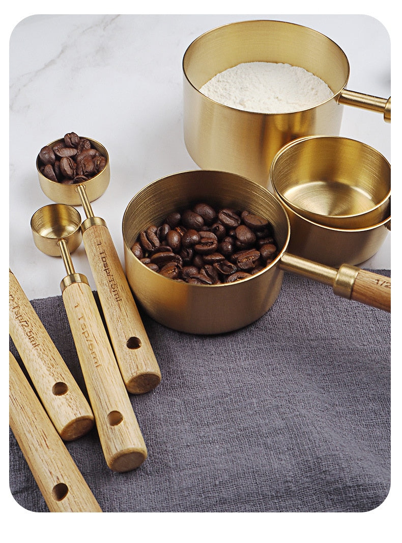 Stainless Steel with Wooden Gold Measuring Cups