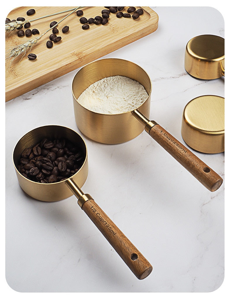 Stainless Steel with Wooden Gold Measuring Cups