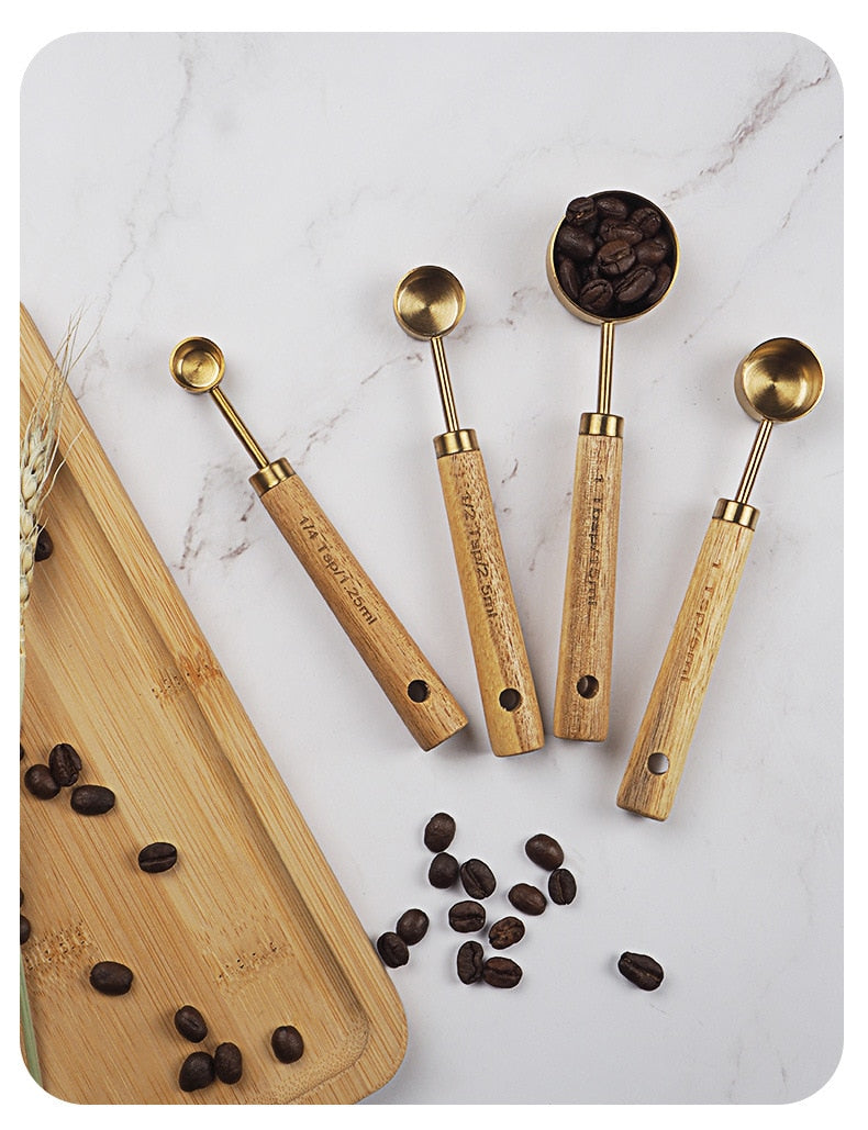 Stainless Steel with Wooden Gold Measuring Cups