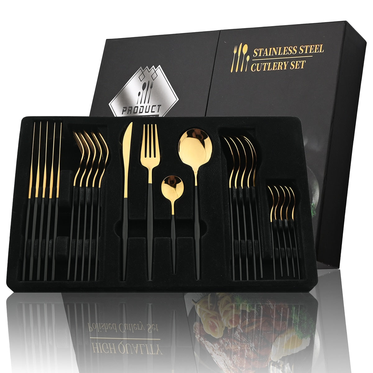 24Pcs Black Handle Golden Stainless Steel Cutlery Set