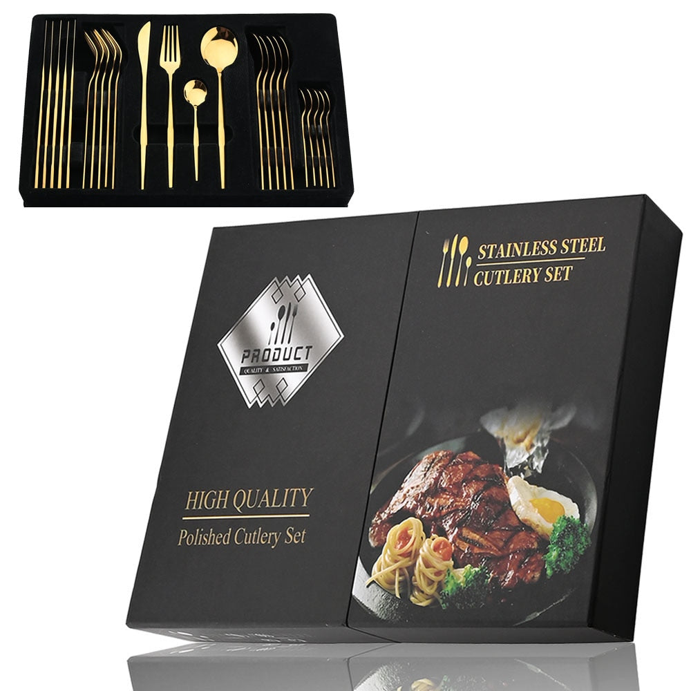 24Pcs Black Handle Golden Stainless Steel Cutlery Set