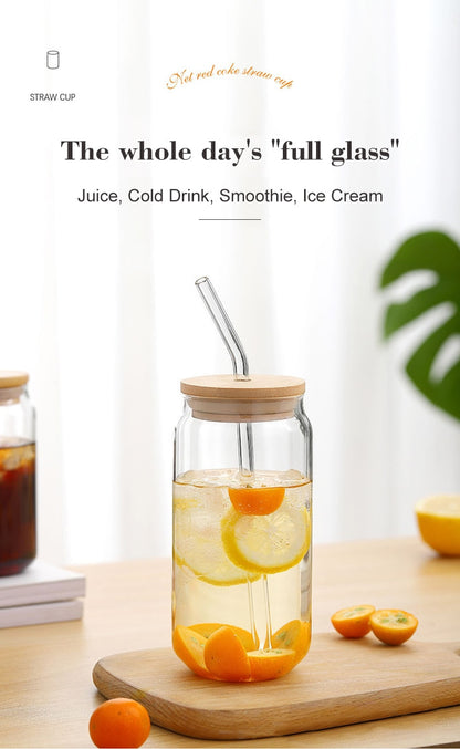 13/18oz Transparent Glass Cup With Lid and Straw