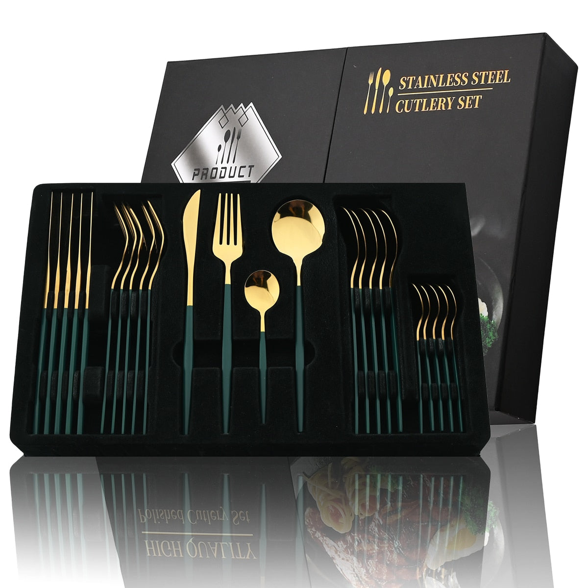 24Pcs Black Handle Golden Stainless Steel Cutlery Set