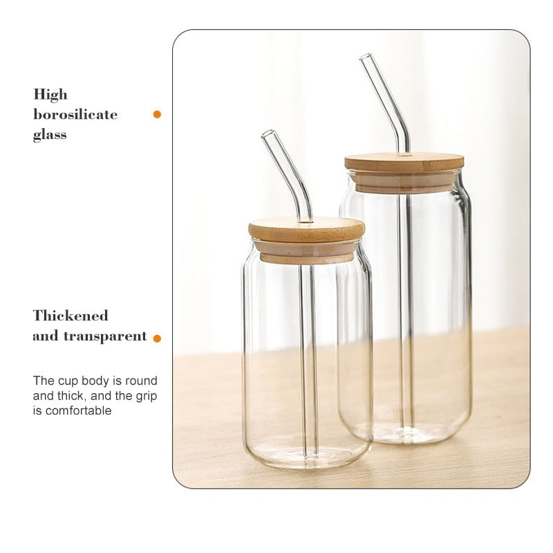 13/18oz Transparent Glass Cup With Lid and Straw