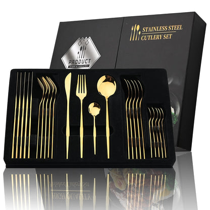 24Pcs Black Handle Golden Stainless Steel Cutlery Set