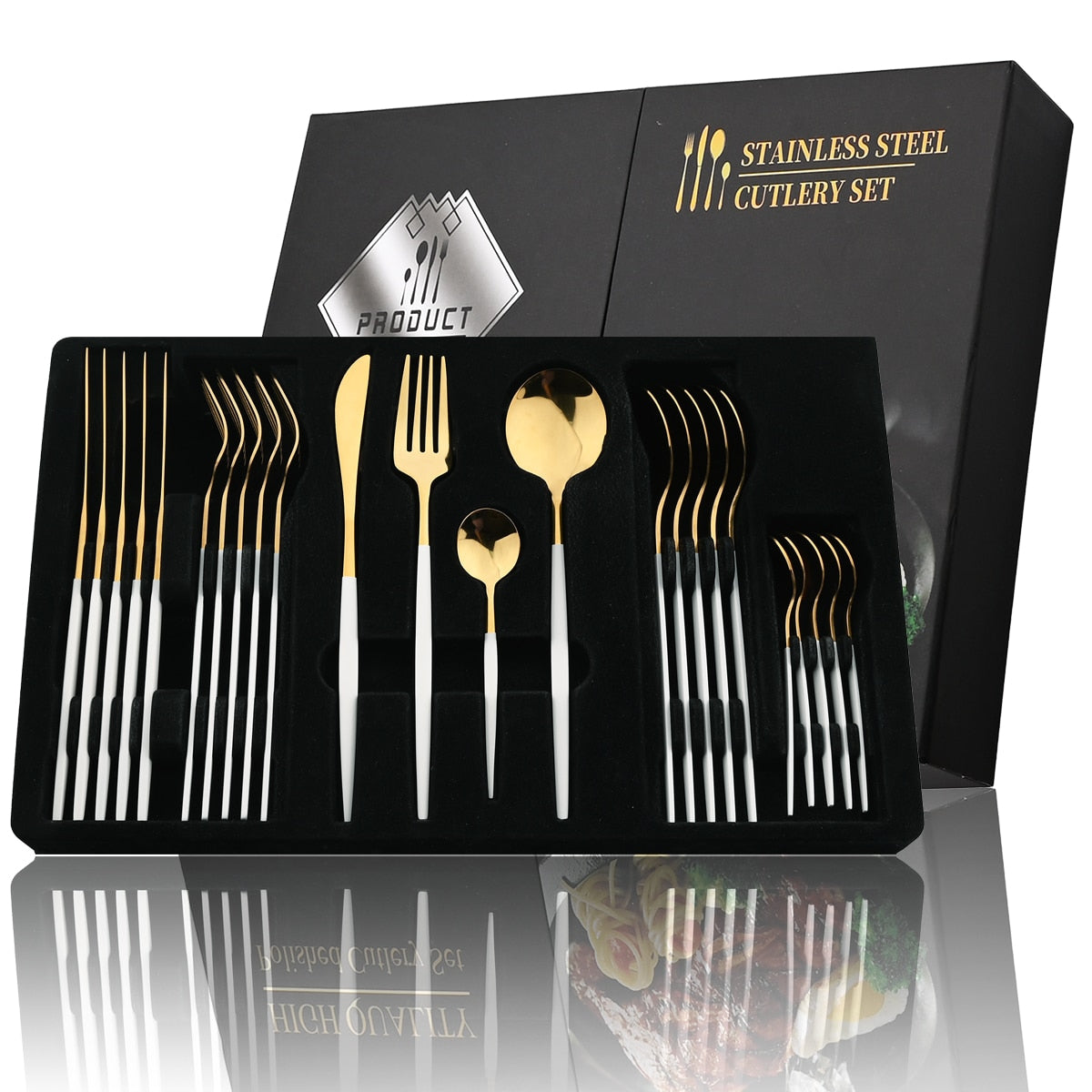 24Pcs Black Handle Golden Stainless Steel Cutlery Set