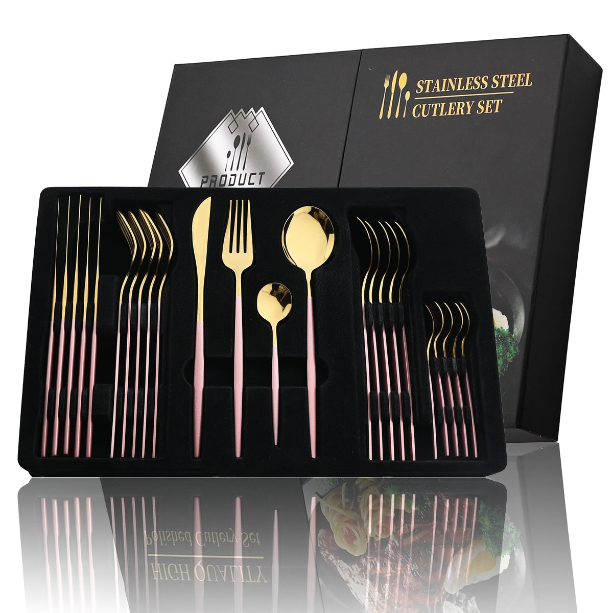 24Pcs Black Handle Golden Stainless Steel Cutlery Set