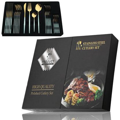 24Pcs Black Handle Golden Stainless Steel Cutlery Set