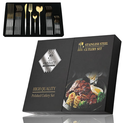 24Pcs Black Handle Golden Stainless Steel Cutlery Set