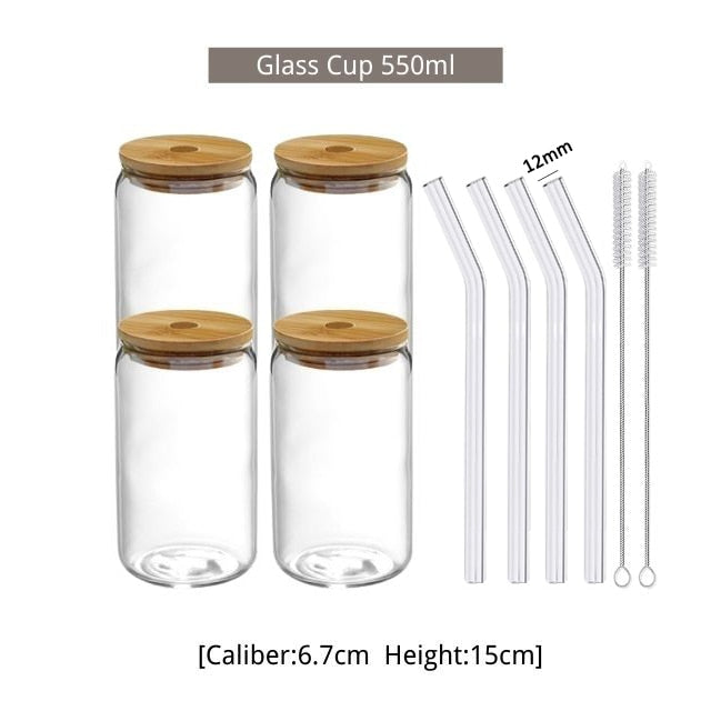 13/18oz Transparent Glass Cup With Lid and Straw