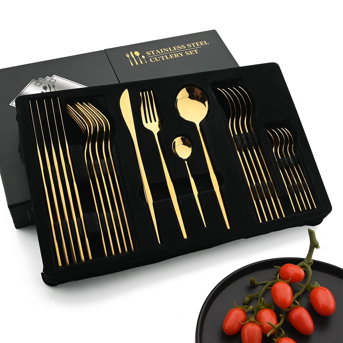 24Pcs Black Handle Golden Stainless Steel Cutlery Set