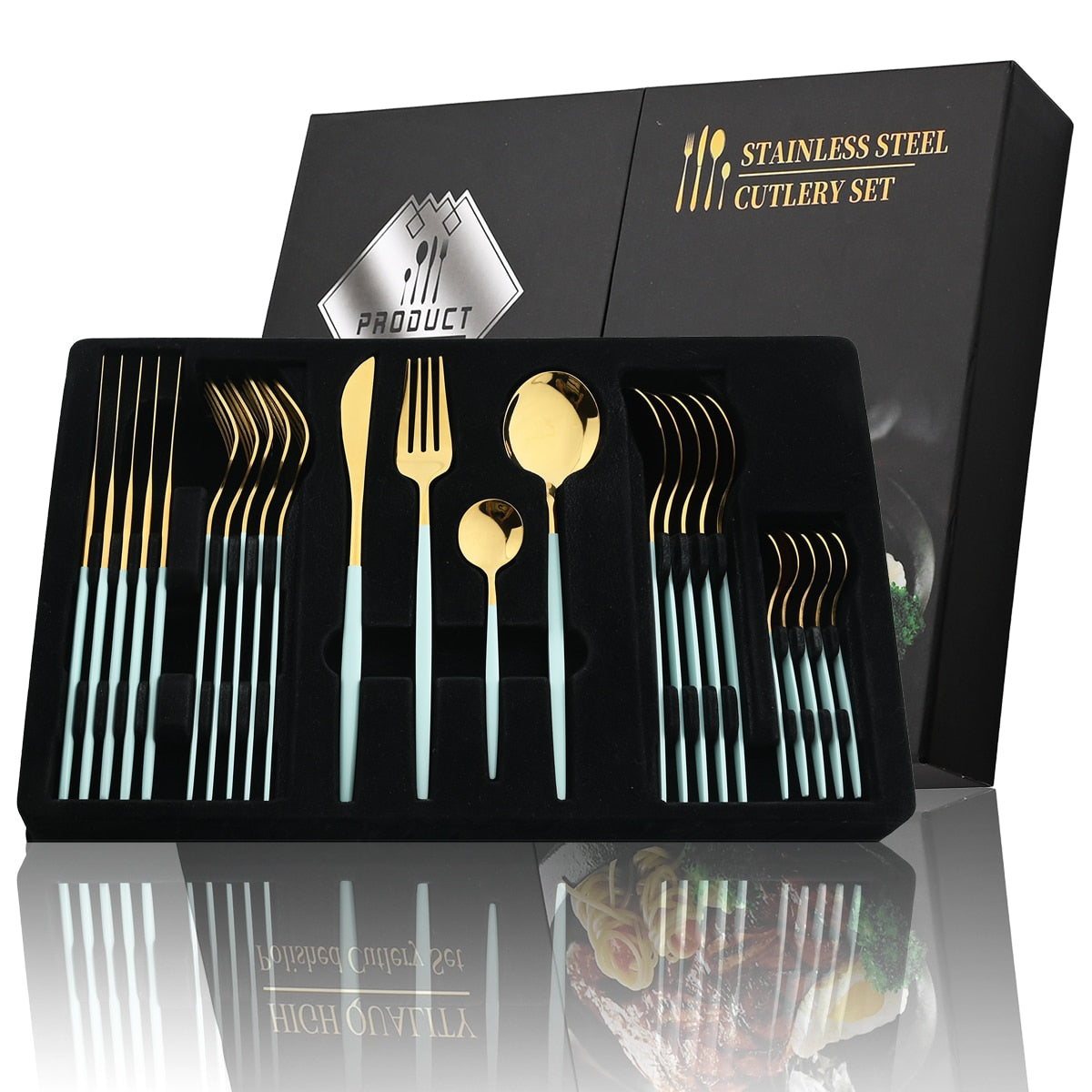 24Pcs Black Handle Golden Stainless Steel Cutlery Set